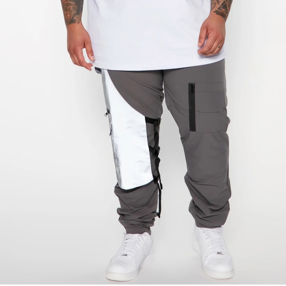 Gray and White Cargo Jogger Pants with Elastic Cuffs
